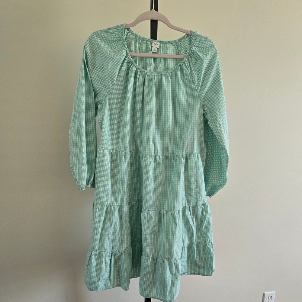 J.Crew Green Gingham Tiered Mini Dress Long Sleeve Cotton BF869 Womens L Cottage
